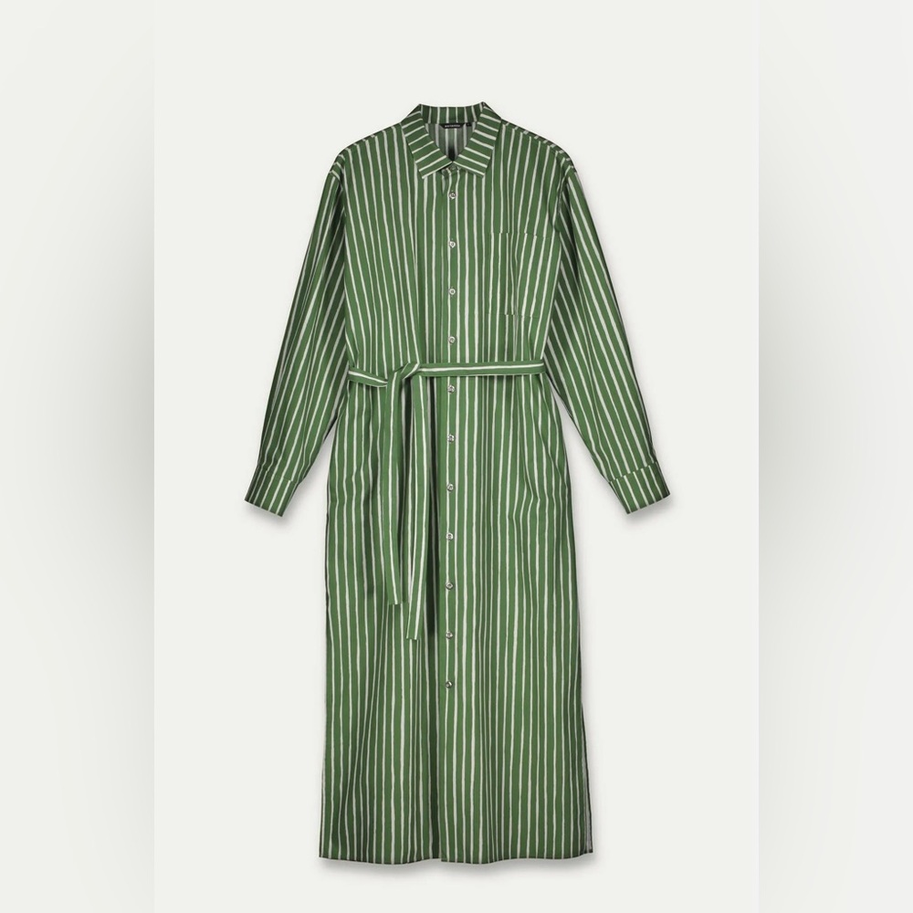 MARIMEKKO green white stripe cotton oversized maxi shirt dress pockets belted